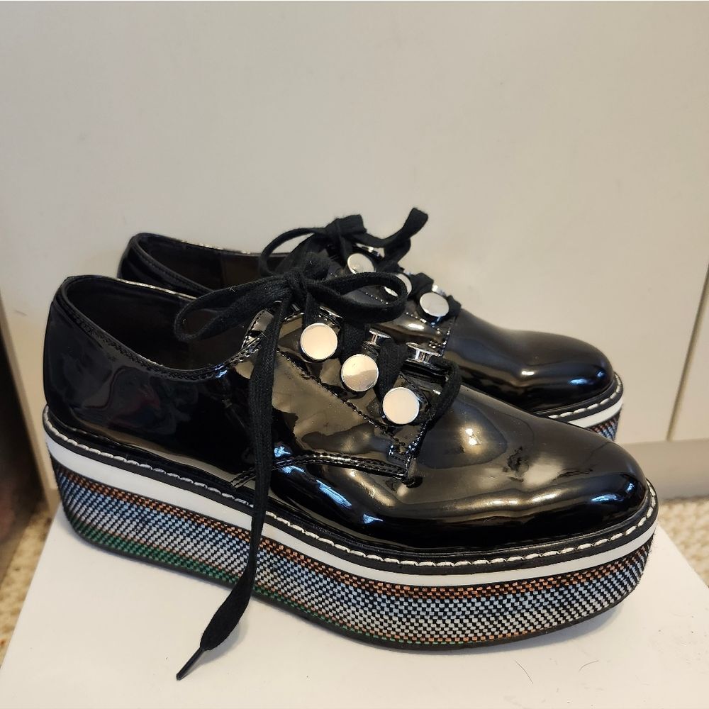 ZARA Black Patent Multi-Stripe Thick Platform Oxford Shoes sz.8/38 - Picture 2 of 9